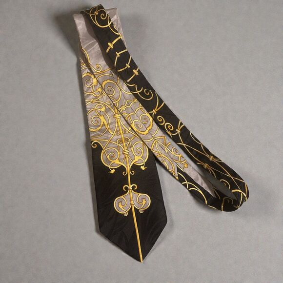 Vtg GIANNI VERSACE 90s Silk Tie Black Gold Baroque Floral Italy HANDMADE Spain - Picture 3 of 6